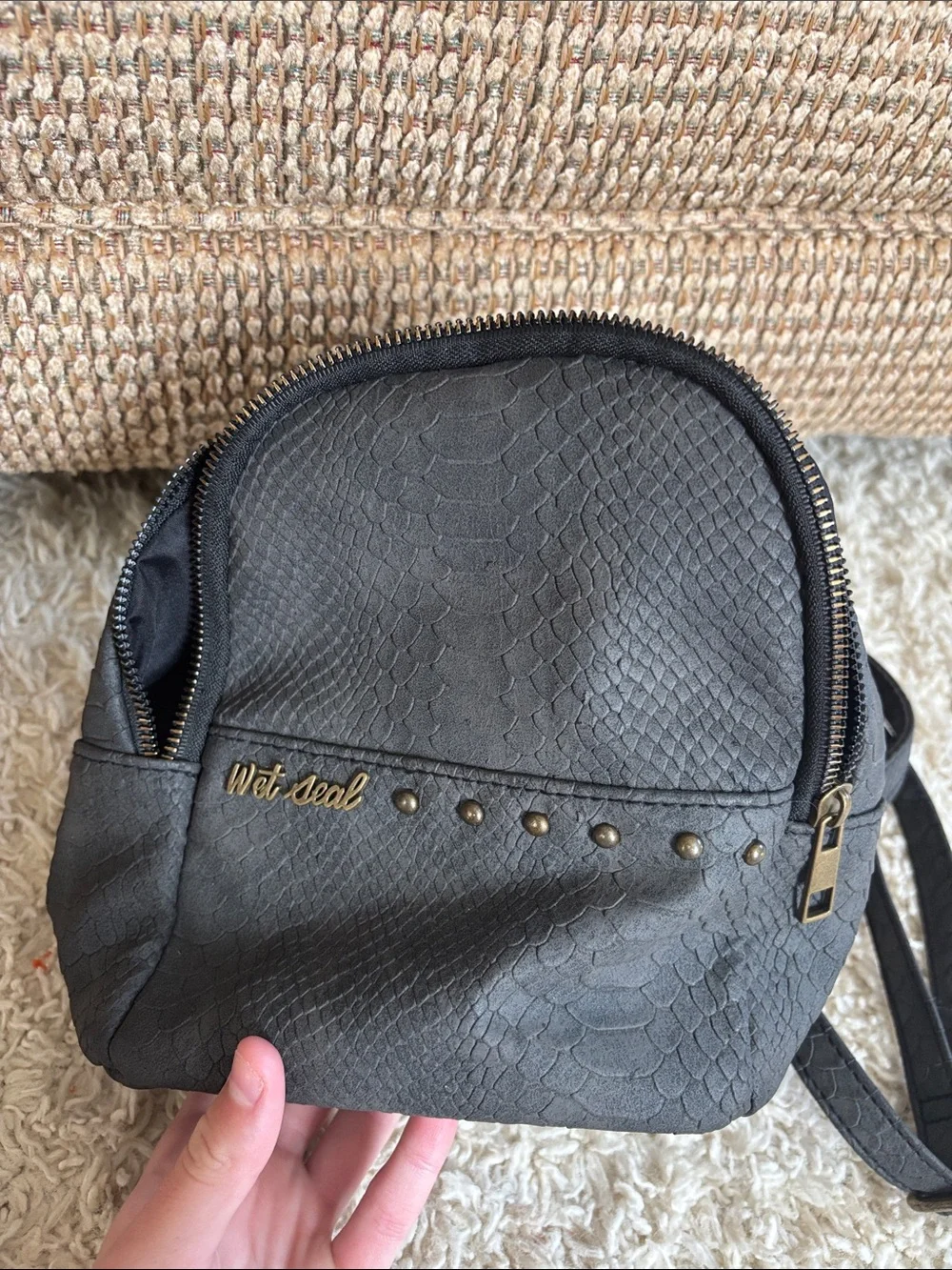 Wet Seal Black Faux-Snakeskin Mini Backpack with Gold Accents